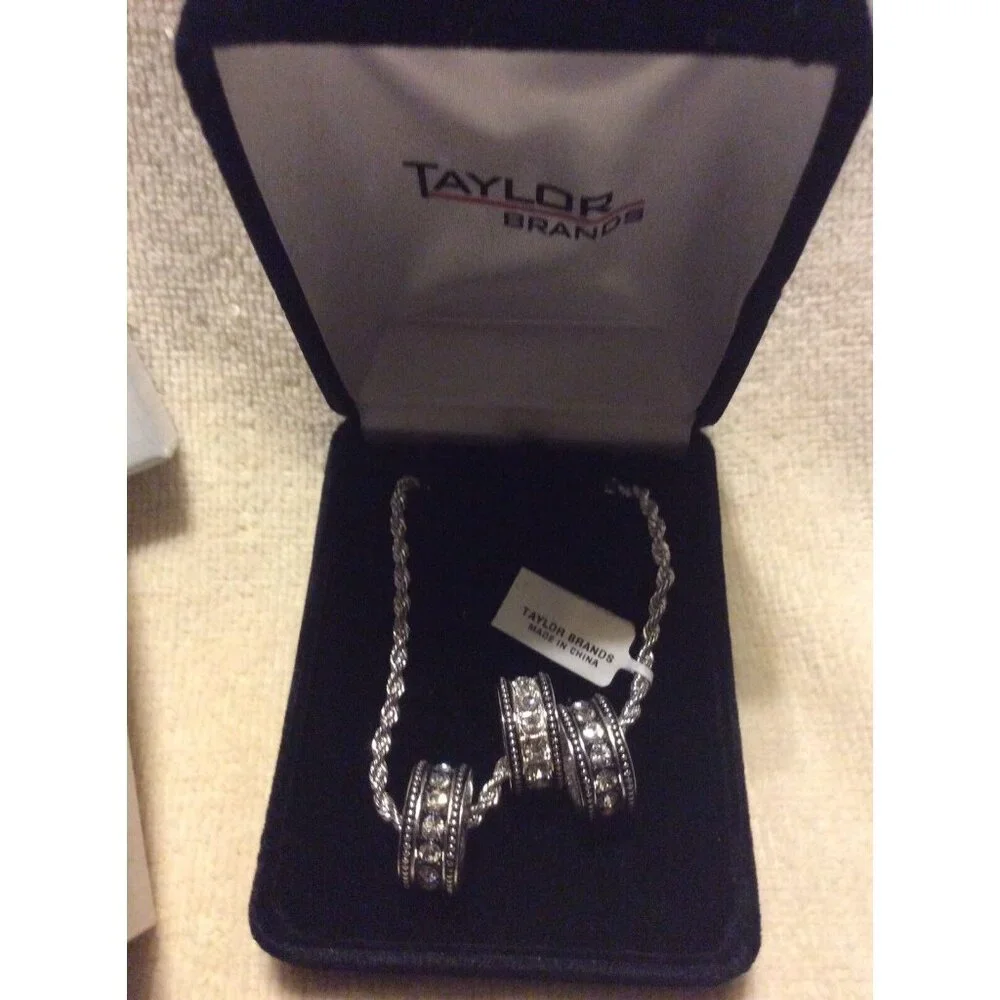 Taylor Brands Cubic Zirconia Triple Ring Clear Rhinestones Necklace  w/ Gift Box - Picture 3 of 5